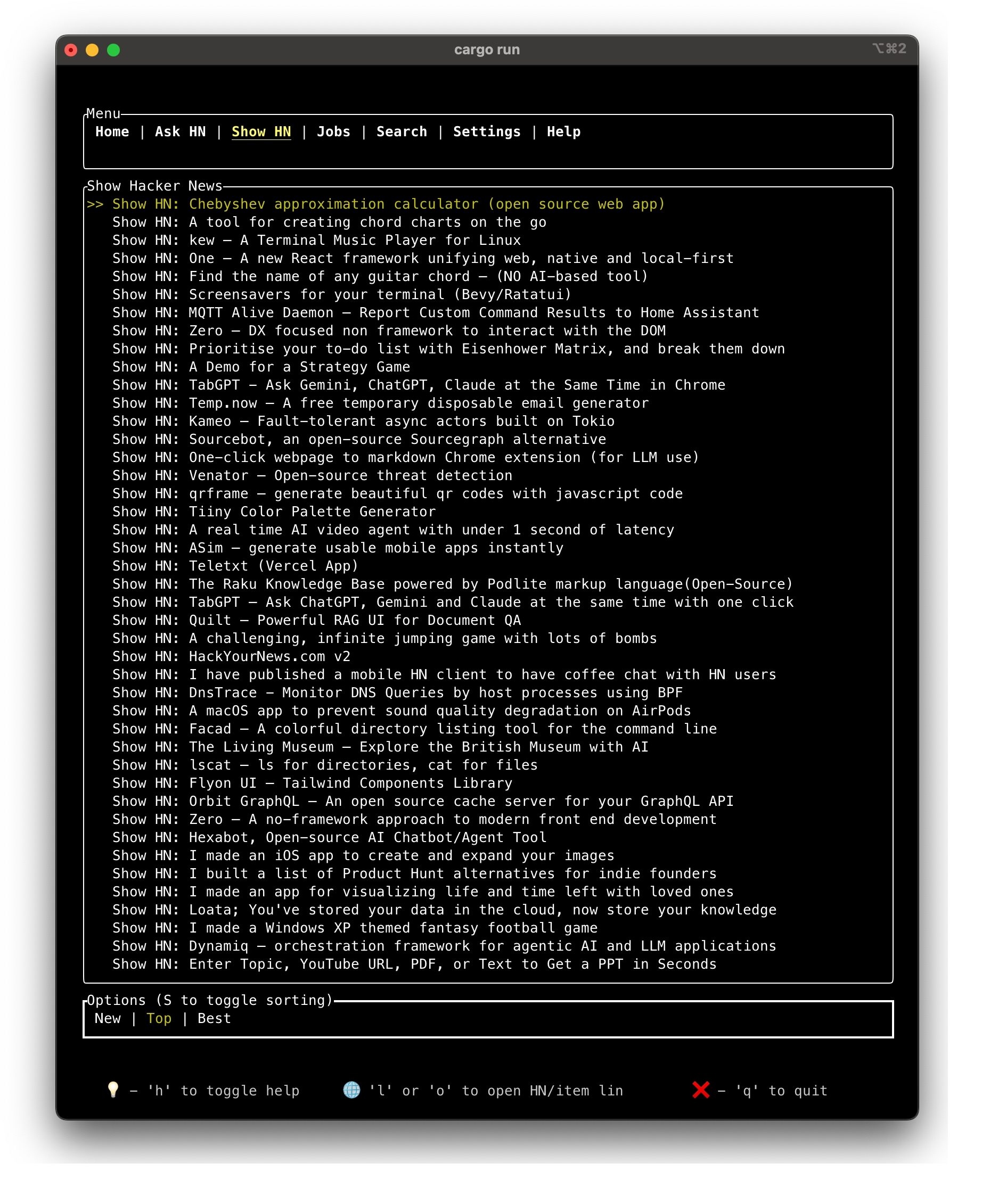 hncli contextual help on Show Hacker News list screen