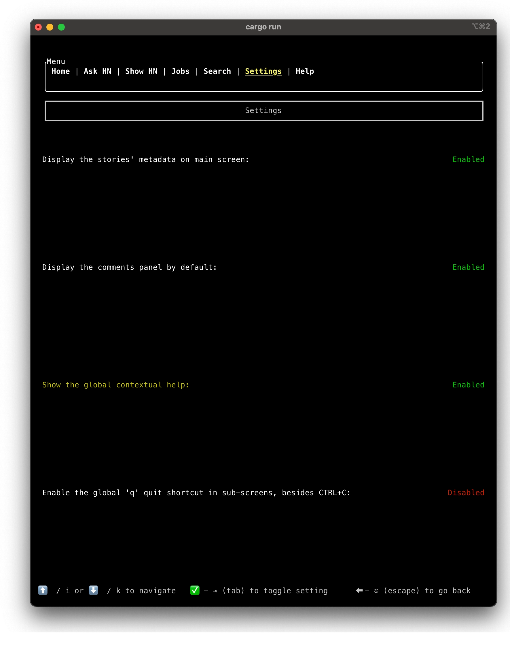 hncli settings screen